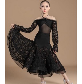 Girls black lace ballroom dance dresses kids children competition waltz tango flamenco dance long swing skirts for girls